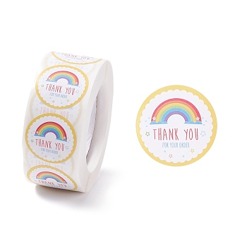 Round Thank You Theme Paper Stickers, Self Adhesive Roll Sticker Labels, for Envelopes, Bubble Mailers and Bags, Rainbow Pattern, 2.5x0.01cm, 500pcs/roll