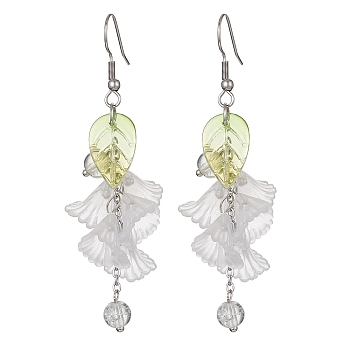Acrylic & Glass Dangle Earrings, Flower & Leaf Cluster Earrings with 304 Stainless Steel Earring Pins, White, 70mm