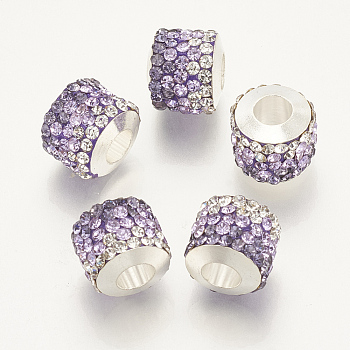 Polymer Clay Rhinestone European Beads, Large Hole Beads, with Platinum Tone Brass Single Cores, Column, Violet, 10x11~12mm, Hole: 4.5mm