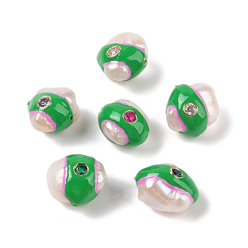 Natural Keshi Pearl with Cubic Zirconia Enamel Beads, Hand Drawn Beads, Nuggets, Green, 12~16x12~15x12~15mm, Hole: 1mm