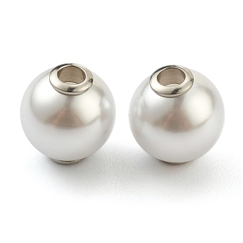 Plastic Imitation Pearl Beads, with Stainless Steel Color Plated 304 Stainless Steel Cores, Round, White, 16x17mm, Hole: 3.5mm
