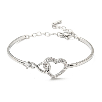 Infinity Heart Brass with Clear Cubic Zirconia Cuff Bangle with Safety Chains, Platinum, Inner Diameter: 2-1/8x1-5/8 inch inch(5.45x4.05cm)