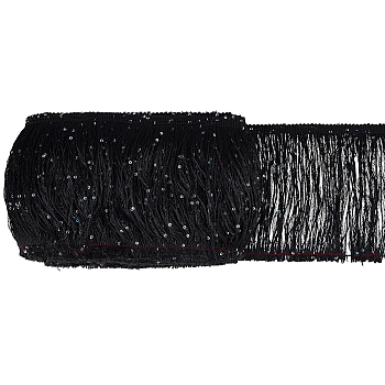 Paillette Tassel Polyester Ribbon Trim, Clothes Accessories, Black, 5-7/8 inch(150mm)