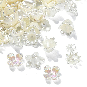 300Pcs ABS Plastic Imitation Pearl Flower Bead Caps, 5-Petal & 6-Petal, Light Yellow, 6.5~12.5x8~15x3~7mm, Hole: 1.5mm