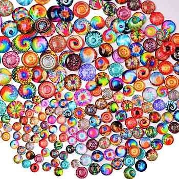280Pcs 4 Styles Flat Back Glass Cabochons, for DIY Projects, Dome/Half Round with Mixed Patterns, Mixed Color, 70pcs/style