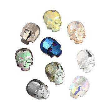 Glass Rhinestone Cabochons, Flat Back & Back Plated, Faceted Skull, Mixed Color, 10x7.5x2.5mm