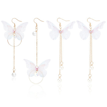 2 Pairs 2 Style Fabric Butterfly with Plastic Pearl Beaded Dangle Earrings, Iron Chains Tassel Long Drop Earrings with Iron Pins for Women, Golden, 100~110mm, Pin: 0.6mm, 1 Pair/style