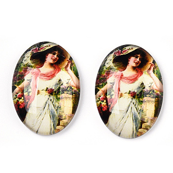 Glass Cabochons, with European Style Pattern, Oval, Beige, 25x18x6mm