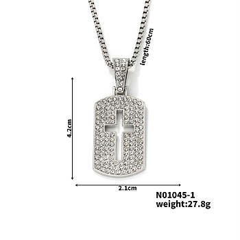 Shiny Hip-hop Alloy Rhinestones Rectangle with Cross Pendant Necklace, Platinum, 23.62 inch(60cm)