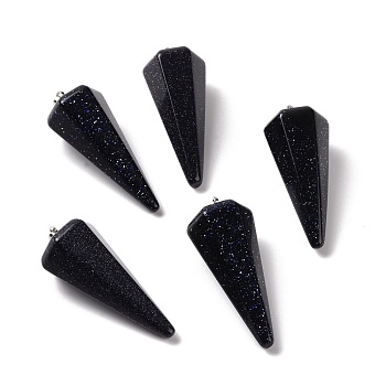 Synthetic Blue Goldstone Pendants, with Platinum Plated Brass Findings, Faceted, Cone, 35~36x13~14x12~12.5mm, Hole: 2.7x6.5mm