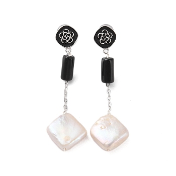 925 Sterling Silver Studs Earring, with Enamel, Natural Black Onyx and Pearl, Rhombus, Platinum, 48.5x13mm