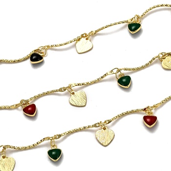 3.28 Feet Brass Bar Link Chains, with Enamel Charms, Long-Lasting Plated, Soldered, Heart, Golden, Links: 18.5x1.8x1.1mm, Heart: 7.5x5.5x3.2mm and 8.1x7.3x0.5mm