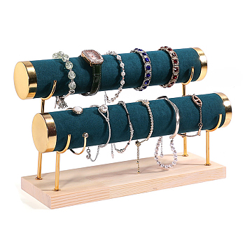 Velvet 2 T Bar Bracelet Display Rack, Jewelry Organizer Holder with Woode Base, for Bracelets Watch Storage, Dark Green, 29x10x18.5cm