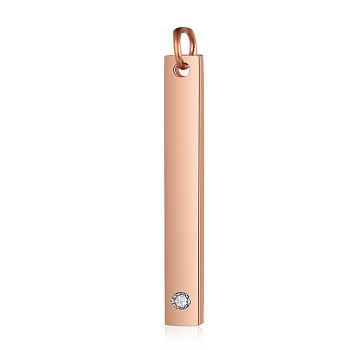 201 Stainless Steel Bar Tag Pendants, with Rhinestone, Rectangle, Crystal, Rose Gold, 32x3.7x1.5mm, Hole: 3mm