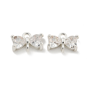 Brass Pave Clear Cubic Zirconia Connector Charms, Bowknot Links, 925 Sterling Silver Plated, 7x10x3.5mm, Hole: 1.2mm