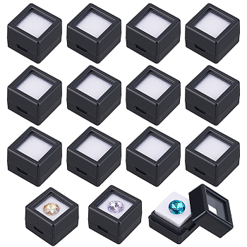Cube Plastic Loose Diamond Storage Boxes, Gemstone Display Case with Clear Acrylic Window and White Sponge inside, Black, 2x2x1.6cm