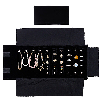 Velvet Jewelry Organizer Roll, Portable Travel Storage Bags for Earrings, Rings, Necklaces, Bracelets, Black, 19.5x10.5x4.1cm