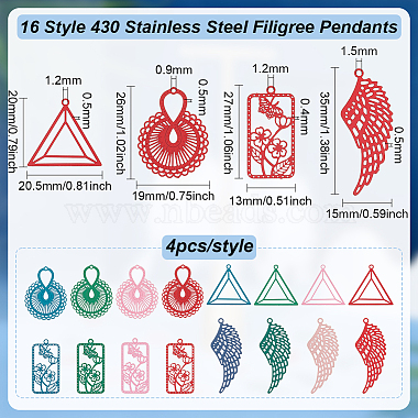 64Pcs 16 Style 430 Stainless Steel Filigree Pendants(STAS-BC0003-75)-2