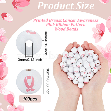 Printed Breast Cancer Awareness Pink Ribbon Pattern Wood Beads for Valentine's Day(WOOD-WH0033-01)-2