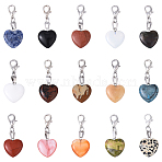 15Pcs Heart Natural & Synthetic Mixed Stone Pendant Decorations, with Alloy Lobster Claw Clasps, 45mm(HJEW-YW00170)