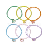 6Pcs 6 Color Glass Seed Beeded Stretch Bracelets Set, with Alloy Enamel Butterlfly Charms, Mixed Color, Inner Diameter: 2-1/8 inch(5.5cm), 1Pc/color(BJEW-JB09749)
