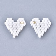 Handmade Seed Beads Pendants, with Elastic Thread, Loom Pattern, Heart, White, 13x13~13.5x1.5~2mm(SEED-I012-28B)