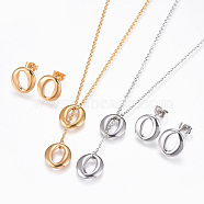 304 Stainless Steel Jewelry Sets, Lariat Necklaces and Stud Earrings, Oval, Golden & Stainless Steel Color, 18.1inches(46cm); 1.5mm; 13x12mm; Pin: 0.7mm(SJEW-F204-08)