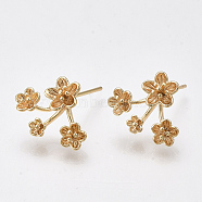 Brass Stud Earring Findings, with Loop, Flower, Nickel Free, Real 18K Gold Plated, 12x15mm, Hole: 0.8mm, Pin: 0.8mm(X-KK-S350-427)