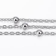 304 Stainless Steel Cable Chains, Satellite Chains, with Steel Beads, Soldered, with Spool, Flat Oval, Stainless Steel Color, 2.5x1.5x0.3mm, about 32.8 Feet(10m)/roll(CHS-H009-30P)