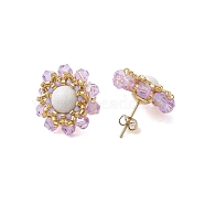 Flower Glass Seed Beaded with Natural Mashan Jade Stud Earrings for Women, Light Gold, Plum, 20mm(EJEW-MZ00208-03)