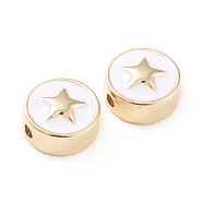 Brass Enamel Beads, Long-Lasting Plated, Flat Round with Star, White, Real 18K Gold Plated, 11x5mm, Hole: 1.8mm(KK-F814-03G)