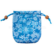 Chinese Style Flower Pattern Satin Jewelry Packing Pouches, Drawstring Gift Bags, Rectangle, Deep Sky Blue, 10.5x10.5cm(PW-WG42698-02)