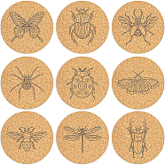 Cork Cup Mats Set, Printed Coasters, Flat Round, Burlywood, Insect Pattern, 100x5mm, 9pcs/set(DJEW-WH0040-002)