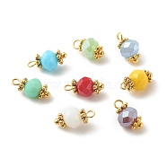 Faceted Imitation Jade Glass Charms, with Alloy Flower Daisy Spacer Beads and Brass Findings, Rondelle, Golden, Mixed Color, 10~10.5x6mm, Hole: 1.2mm(PALLOY-JF00455-M)