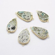 Natural Druzy Quartz Crystal Links/Connectors, with Brass Finding, Drop, Golden, 34~40x17~22x5.5mm, Hole: 1.5mm(G-F535-36G)