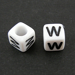 Letter Acrylic European Beads, Horizontal Hole, Cube, Letter.W, 10x10x10mm, Hole: 3.5~4mm, about 598pcs/500g(OPDL-R050-10mm-W)