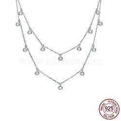 Rhodium Plated 925 Sterling Silver Micro Pave Clear Cubic Zirconia Double Layer Necklaces, Flat Round, Platinum, 15.35 inch(39cm)(MG0607)