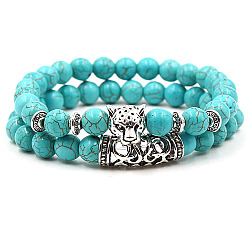 2Pcs Synthetic Turquoise Stretch Bracelet Sets for Women Men, with Tibetan Style Alloy Beads, Leopard, 2pcs/set(IX3190-6)