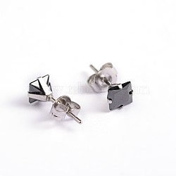 Square Cubic Zirconia Stud Earrings, with 304 Stainless Steel Pins, Black, 3.5x3mm, Pin: 0.9mm(EJEW-H306-05-3mm)