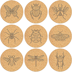 Cork Cup Mats Set, Printed Coasters, Flat Round, Burlywood, Insect Pattern, 100x5mm, 9pcs/set(DJEW-WH0040-002)