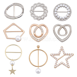 SUPERFINDINGS 9Pcs 9 Style Alloy Rhinestone Slide Bowknot Buckles & Scarf Clips Brooches, with Natural Pearl, Oval & Ring & Heart & Star, Mixed Color, 1pc/style(JEWB-FH0001-06)
