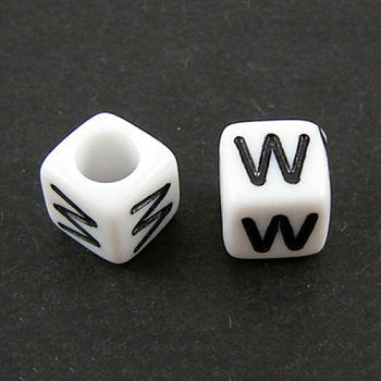 Letter Acrylic European Beads, Horizontal Hole, Cube, Letter.W, 10x10x10mm, Hole: 3.5~4mm, about 598pcs/500g