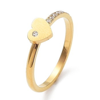 Ion Plating(IP) 304 Stainless Steel Heart Finger Ring with Cubic Zirconia, Golden, Inner Diameter: 18.6mm