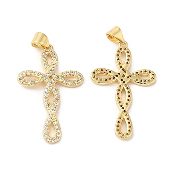 Brass Micro Pave Clear Cubic Zirconia Pendants, Cross Charms, Real 16K Gold Plated, 32x19.5x2mm, Hole: 4.5x3.5mm