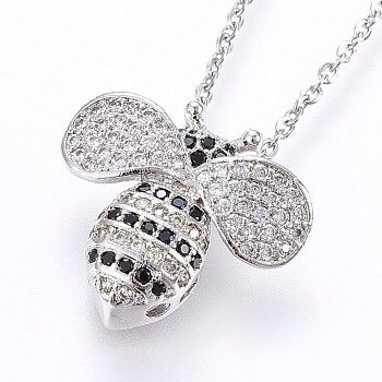304 Stainless Steel Pendant Necklaces, with Cubic Zirconia, Bees, Stainless Steel Color, 17.71 inch(45cm), Pendant: 18x20x6mm
