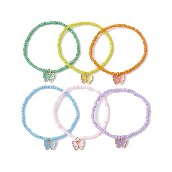 6Pcs 6 Color Glass Seed Beeded Stretch Bracelets Set, with Alloy Enamel Butterlfly Charms, Mixed Color, Inner Diameter: 2-1/8 inch(5.5cm), 1Pc/color