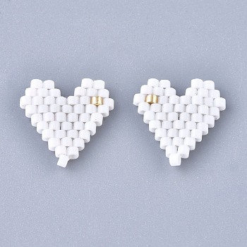 Handmade Seed Beads Pendants, with Elastic Thread, Loom Pattern, Heart, White, 13x13~13.5x1.5~2mm