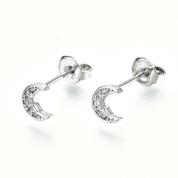 Brass Micro Pave Clear Cubic Zirconia Stud Earrings, with Ear Nuts, Nickel Free, Moon, Platinum, 6x5.5mm, Pin: 0.7mm