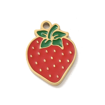 304 Stainless Steel Enamel Charms, Golden, Fruit Charm, Strawberry, 15x11x1.5mm, Hole: 1.4mm