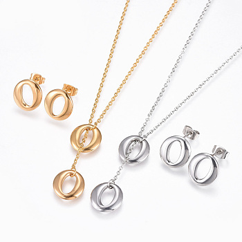 304 Stainless Steel Jewelry Sets, Lariat Necklaces and Stud Earrings, Oval, Golden & Stainless Steel Color, 18.1 inch(46cm), 1.5mm, 13x12mm, Pin: 0.7mm